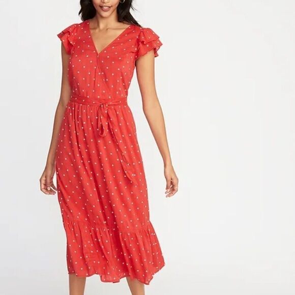 Old Navy Surplice Wrap Front Midi Dress Red Dots Size XXL NWT Tie Waist - Picture 1 of 13